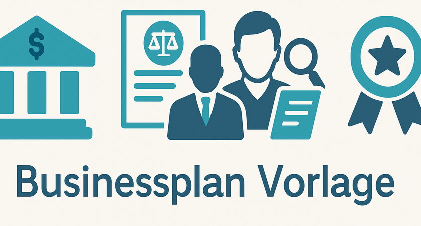 Grafik Businessplan Vorlage Grafik mit dem Text Businessplan Vorlage und Symbolen fuer Banken und Behoerden.
