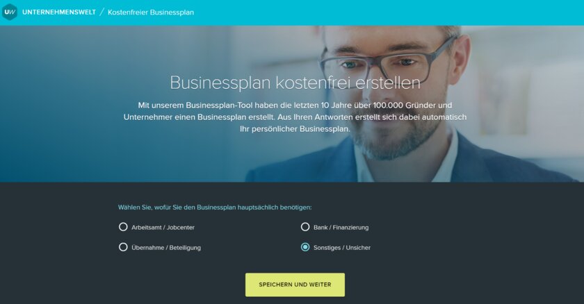 Abbildung Startseite im Businessplan Tool von Unternehmenswelt.