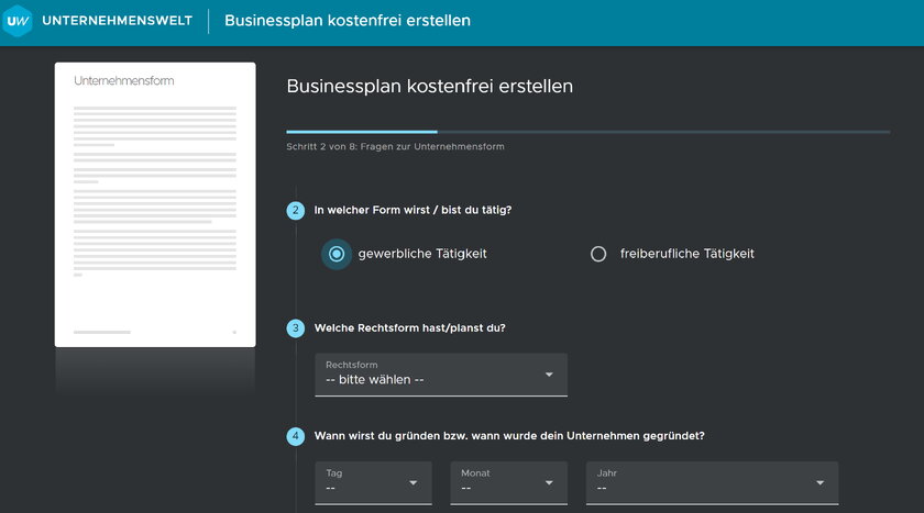 Detail einer Eingabemaske zum Businessplan Tool von Unternehmenswelt.