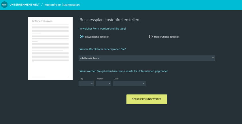 Bild Businessplantool Detail einer Eingabemaske zum Businessplan Tool von Unternehmenswelt.