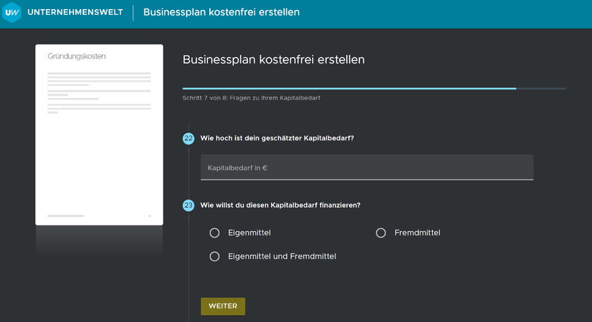 Detail einer Eingabemaske zum Businessplan Tool von Unternehmenswelt.