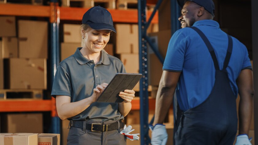 Weibliche und männliche Logistik-Mitarbeiter überprüfen Warenbestand im Lager anhand von Daten auf einem digitalen Tablet.