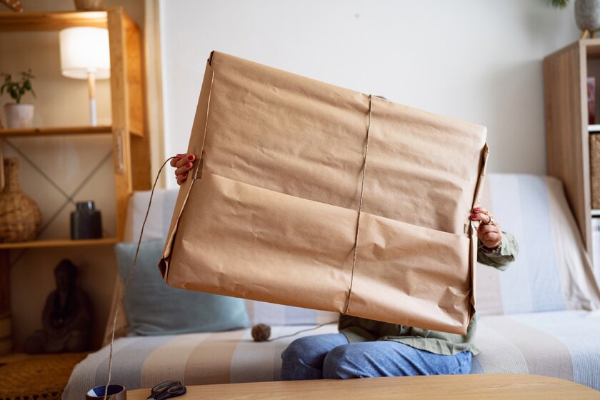 Eine Person hat Mühe ein riesiges Paket am heimischen Wohnzimmertisch für den Versand zu verpacken.