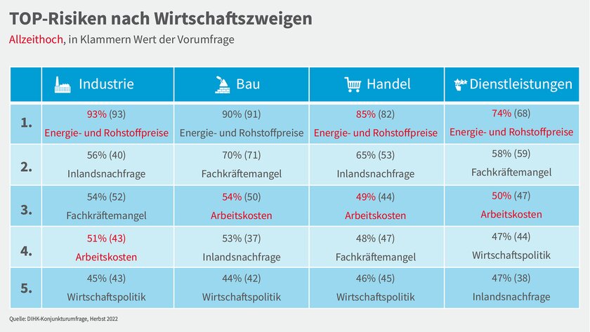 Tabelle zu den TOP-Risiken nach Wirtschaftszweigen