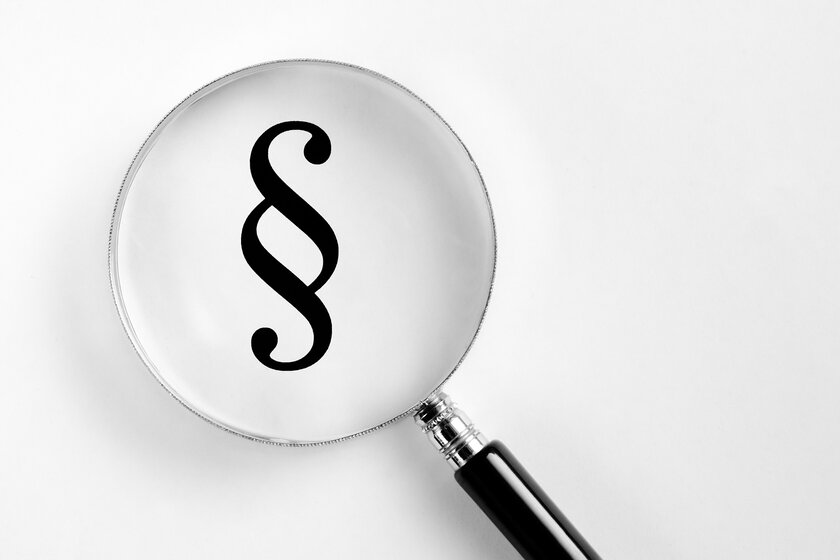 Eine Lupe vergrößert ein vor ihr befindliches Paragraphen-Symbol. Eine Lupe vergrößert ein vor ihr befindliches Paragraphen-Symbol.