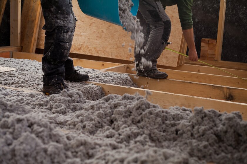 Detailansicht klimafreundliche Dämmung aus Recyclingpapier Arbeiter isolieren Bodenkonstruktion eines Neubau mit Recyclingpapier.