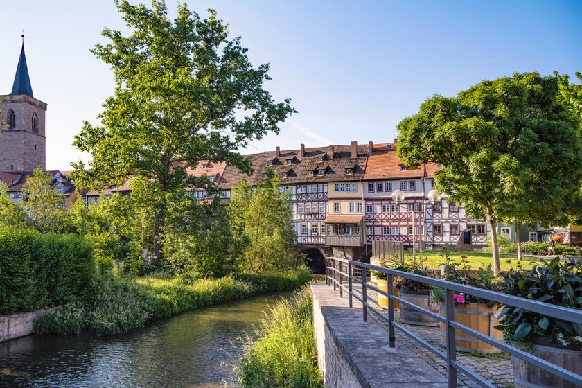 Foto Erfurt Kraemerbruecke Panoramabild historische Fassaden der Erfurter Altstadt