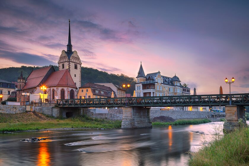 Bild Altstadt Gera Blick über die Weisse Elster auf die Altstadt von Gera mit Marienkirche.