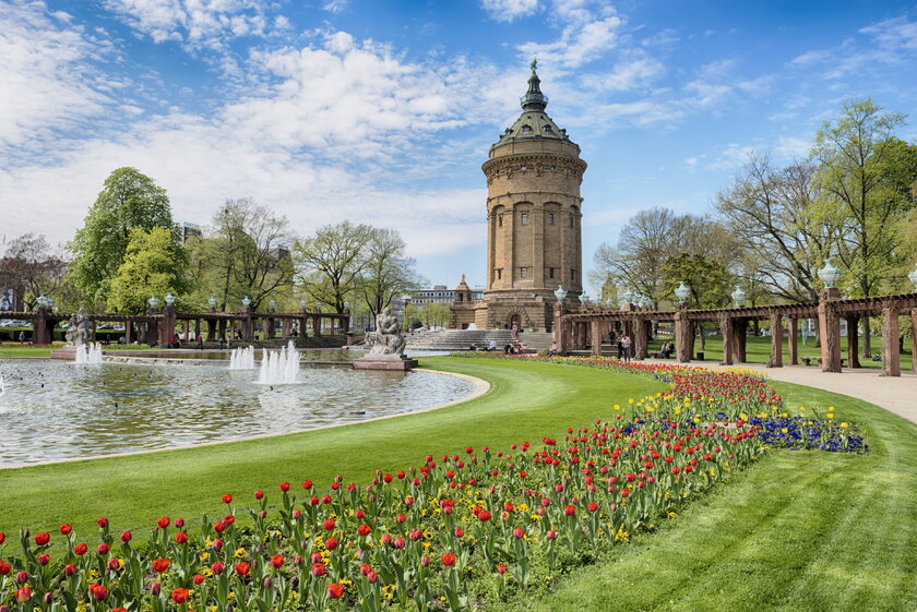 Bild Wasserturm Mannheim Blick auf den Park von Mannheim mit Springbrunnen und Wasserturm im Hintergrund.