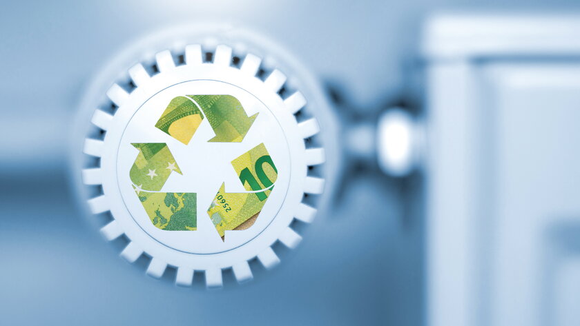 Bild Heizungsthermostat mit Recycling-Symbol Heizungsthermostat mit Recycling-Symbol als Nahaufnahme.