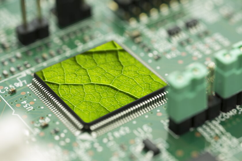 Bild Computerchip Computerchip mit den Adern eines Blattes als Sinnbild für gruene Technologien.