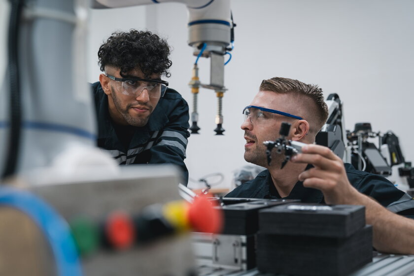 Bild Robotik Ingenieur montiert Roboterarm, Servicetechniker prueft Steuerung und Schweißhardware.
