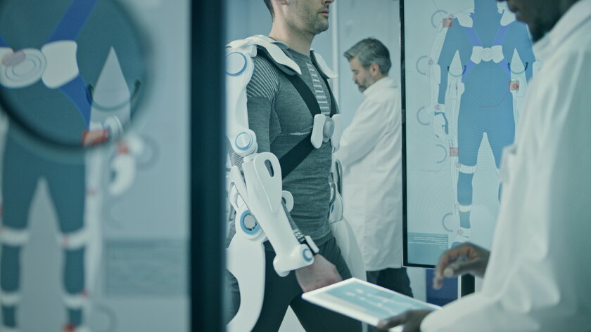 Wissenschaftler arbeiten am Powered Exoskeleton Project in Lab.