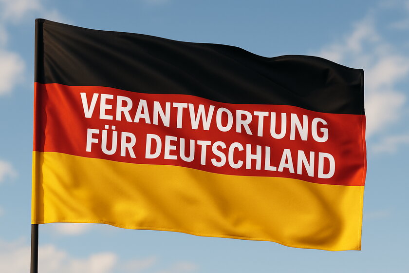 Wehende Deutschlandflagge mit dem Slogan Verantwortung fuer Deutschland.