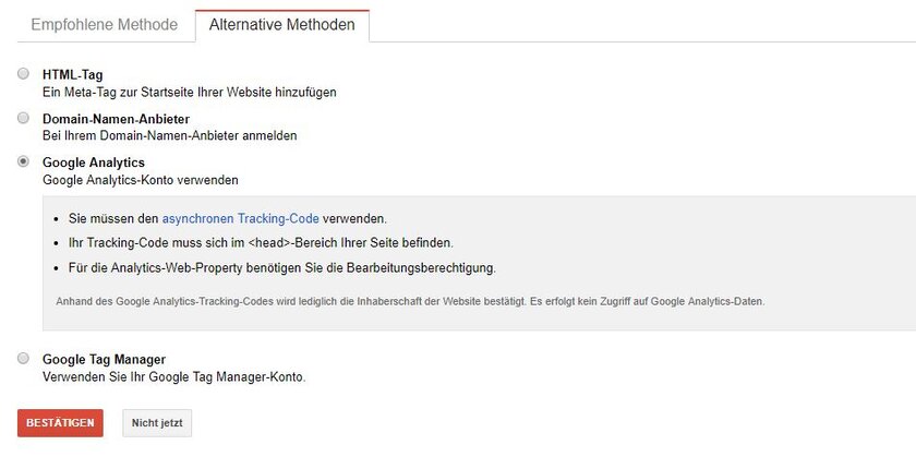 Grafik Search Console mit verschiedenen Optionen zur Wahl.