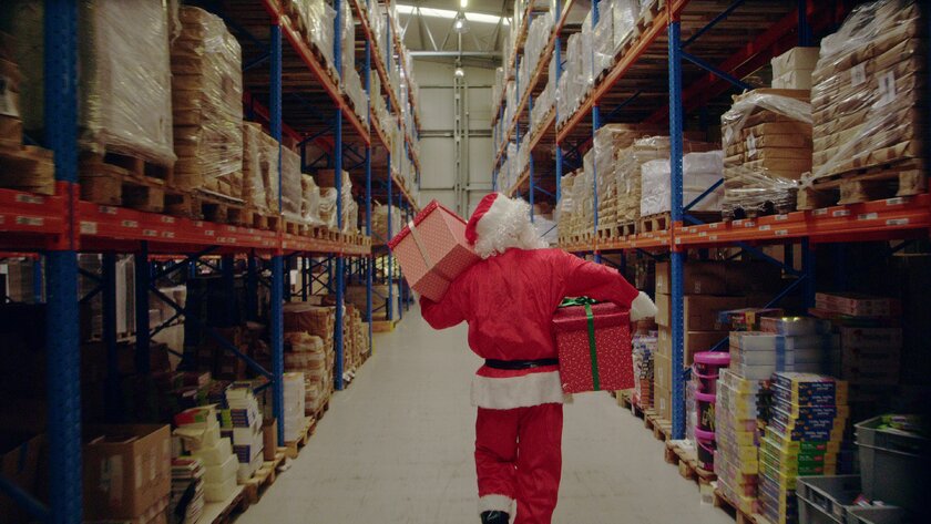 Weihnachtsmann in großer Lagerhalle bepackt mit Geschenken.